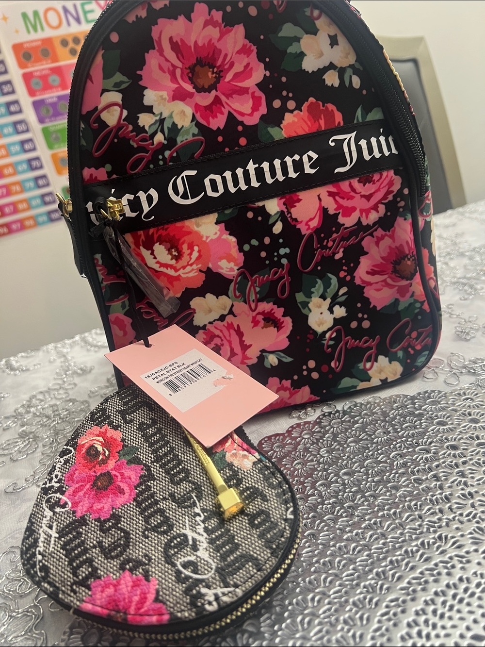 Juicy Couture Black Floral Mini Backpack with Pink and Cream Blooms
